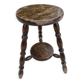 Vintage tripod stool with carved solid wood legs and 2 tops