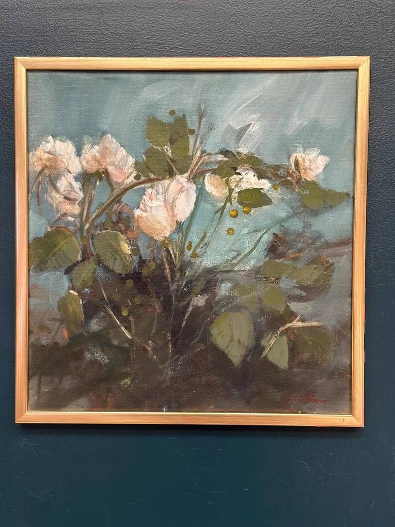 Original Swedish Oil on Canvas – “White Flowers” by M. Jakobsson – Signed – Vintage & Framed – 46 × 44 cm (18.1" × 17.3")
