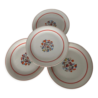 Lot de 4 assiettes vintage porcelaine liseré rouge et motif fleuri
