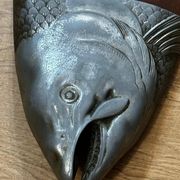 Vintage wooden and metal fish platter – salmon/trout serving tray –
