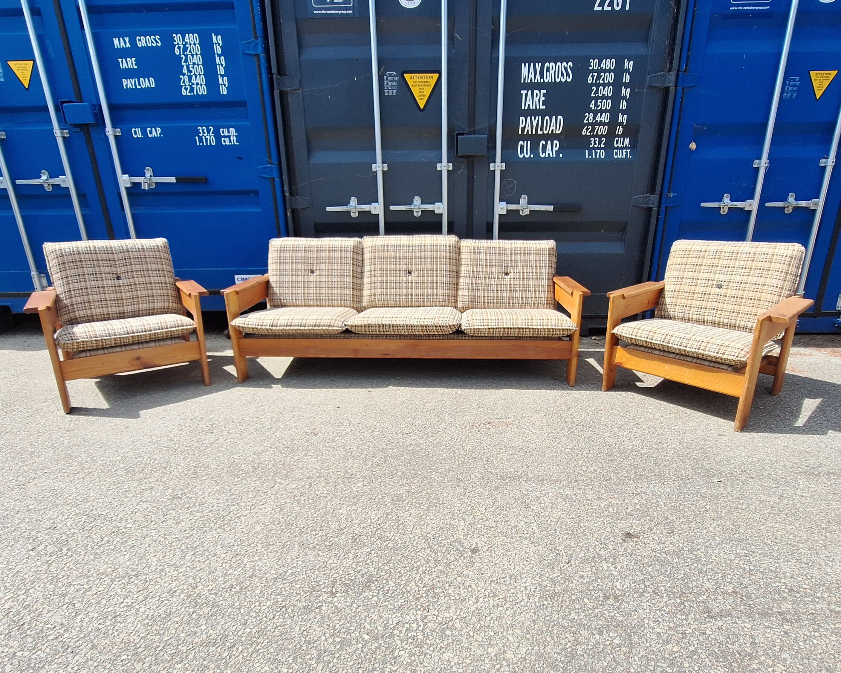 Brutalist-style bench and armchairs in 1970s pine.