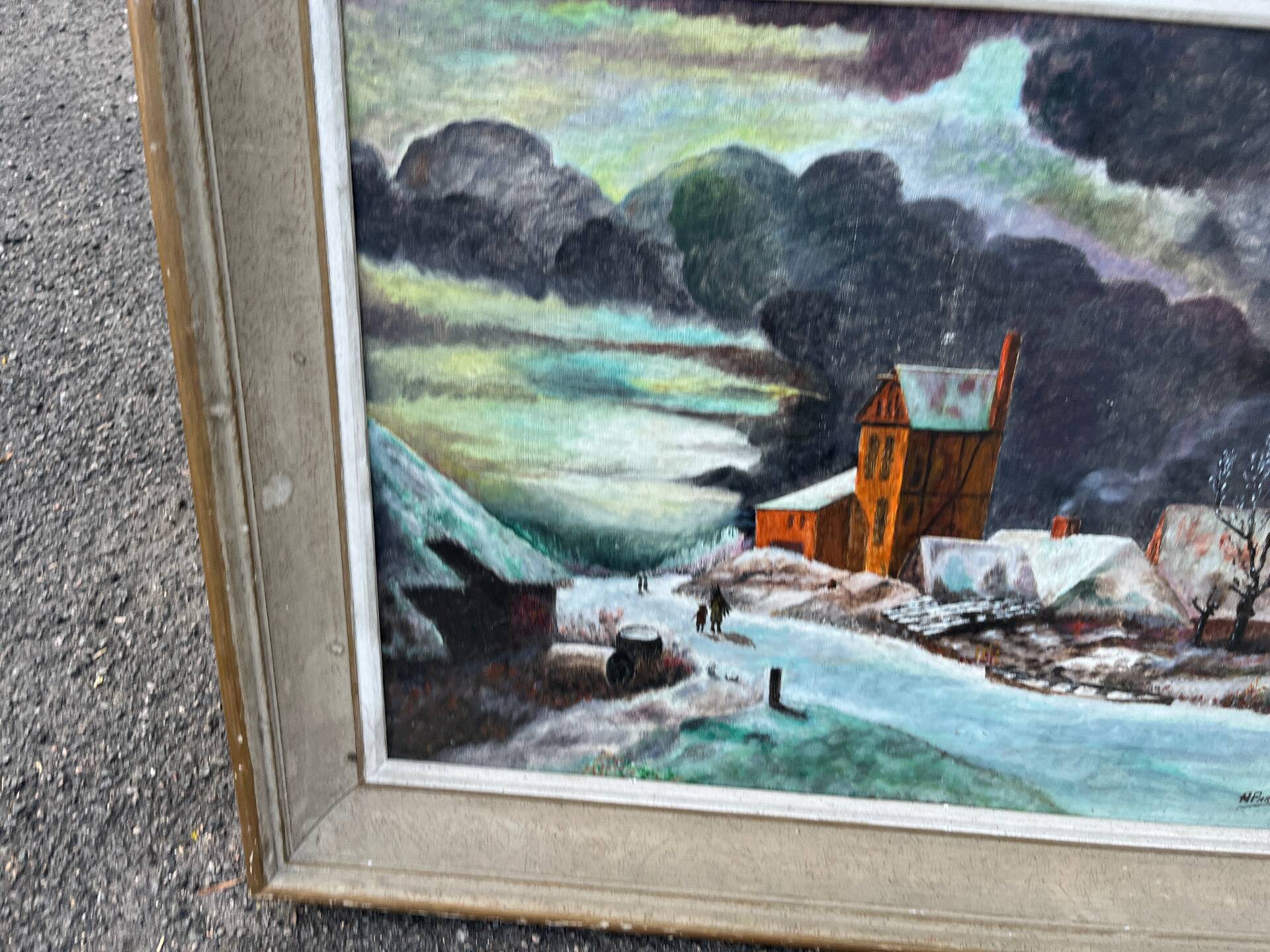 Tableau huile paysage hiver neige village signe H. Paris - Cadre