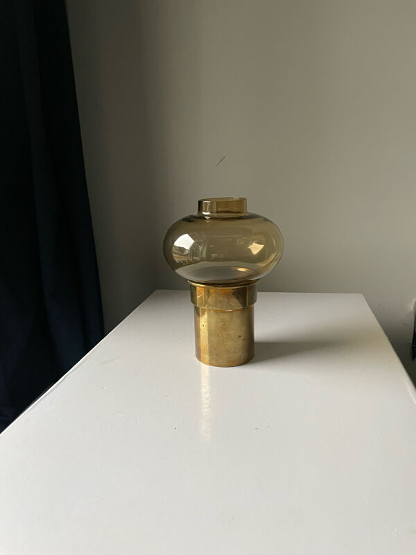 Bougeoir vintage MCM Danish Design Hurricane en verre de couleur laiton et ambre