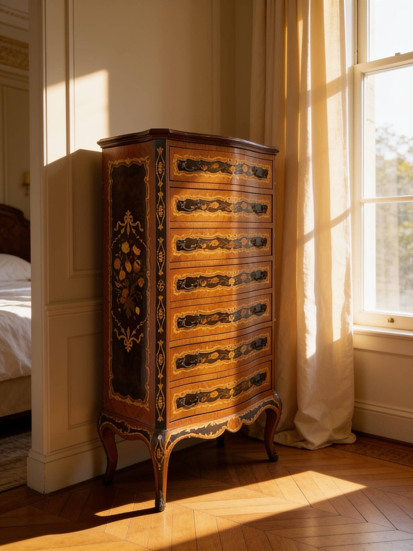 Wooden bedroom suite with inlays in mid-century Italian style, by Pacifici Prete, Rome.