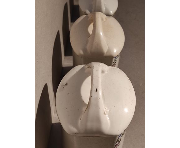 5 old art deco pots in vintage ceramic with spices, flour, pepper, coffee, tea, sugar