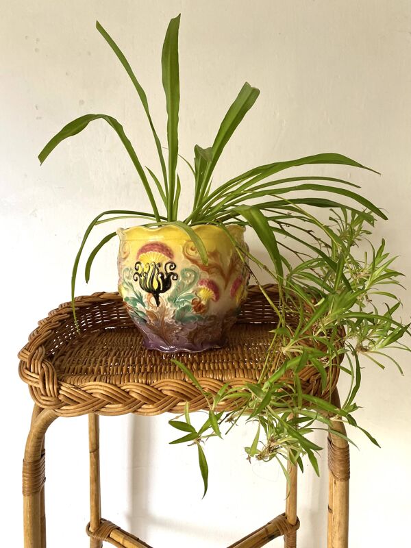 Cache pot ancien en barbotine , chardons