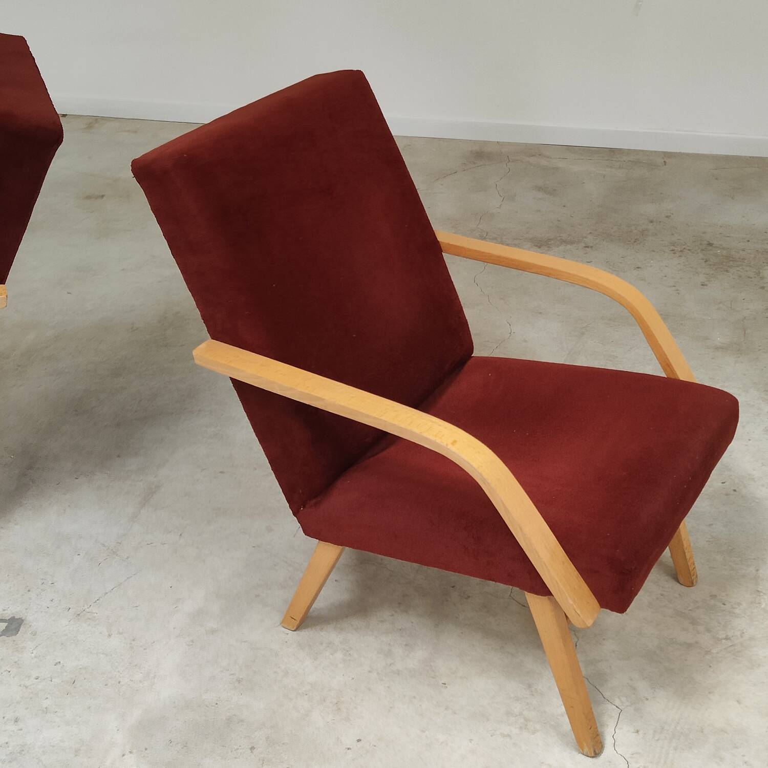 Pair of Czech burgundy brown velvet armchairs 1970
