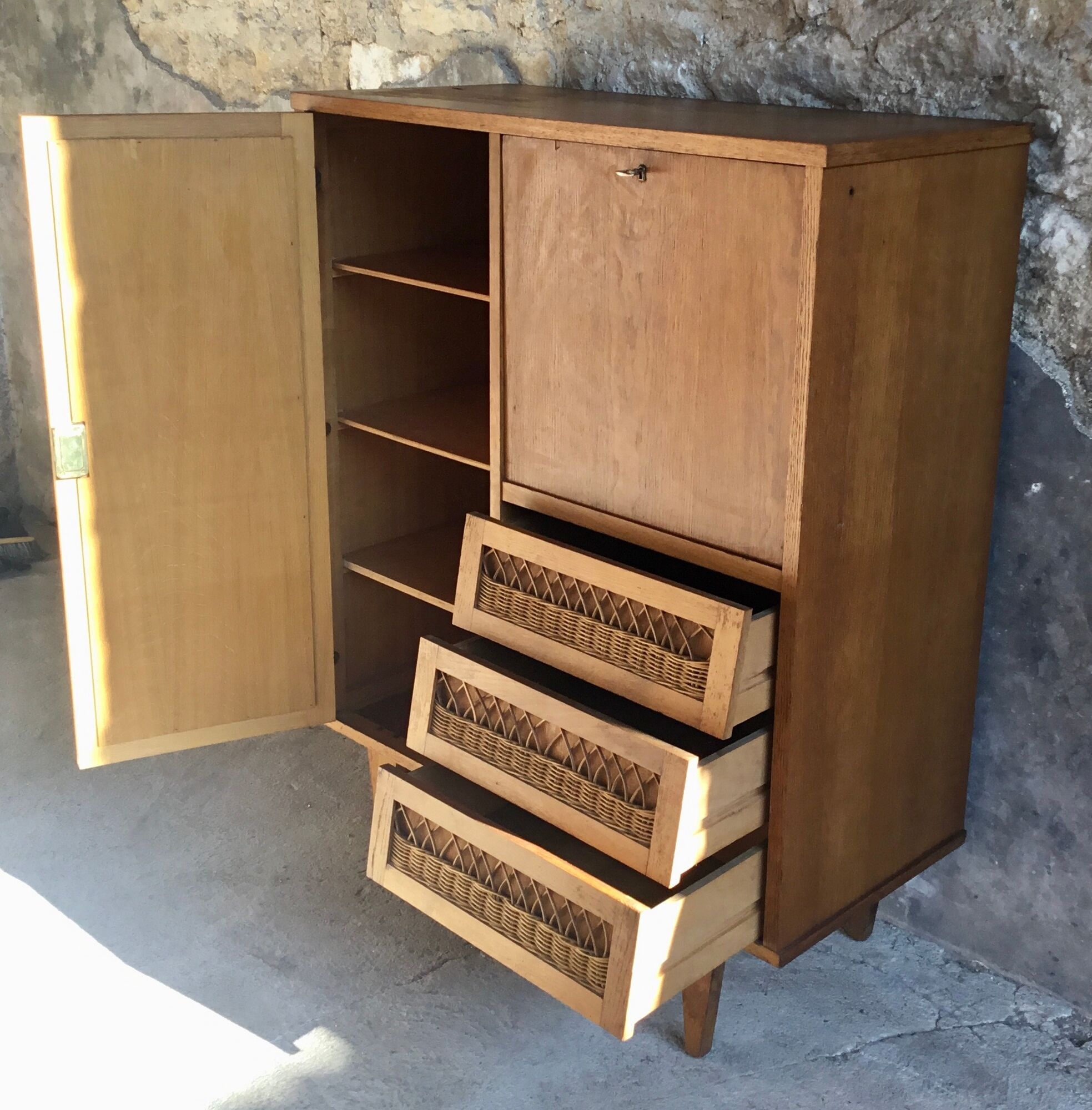 Rattan cabinet with integrated illuminating secretary vintage 1960