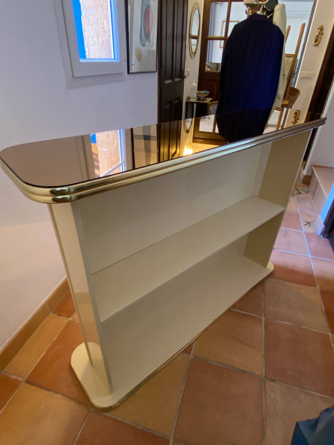 Bar, wooden counter, mirror and brass, 1970s
