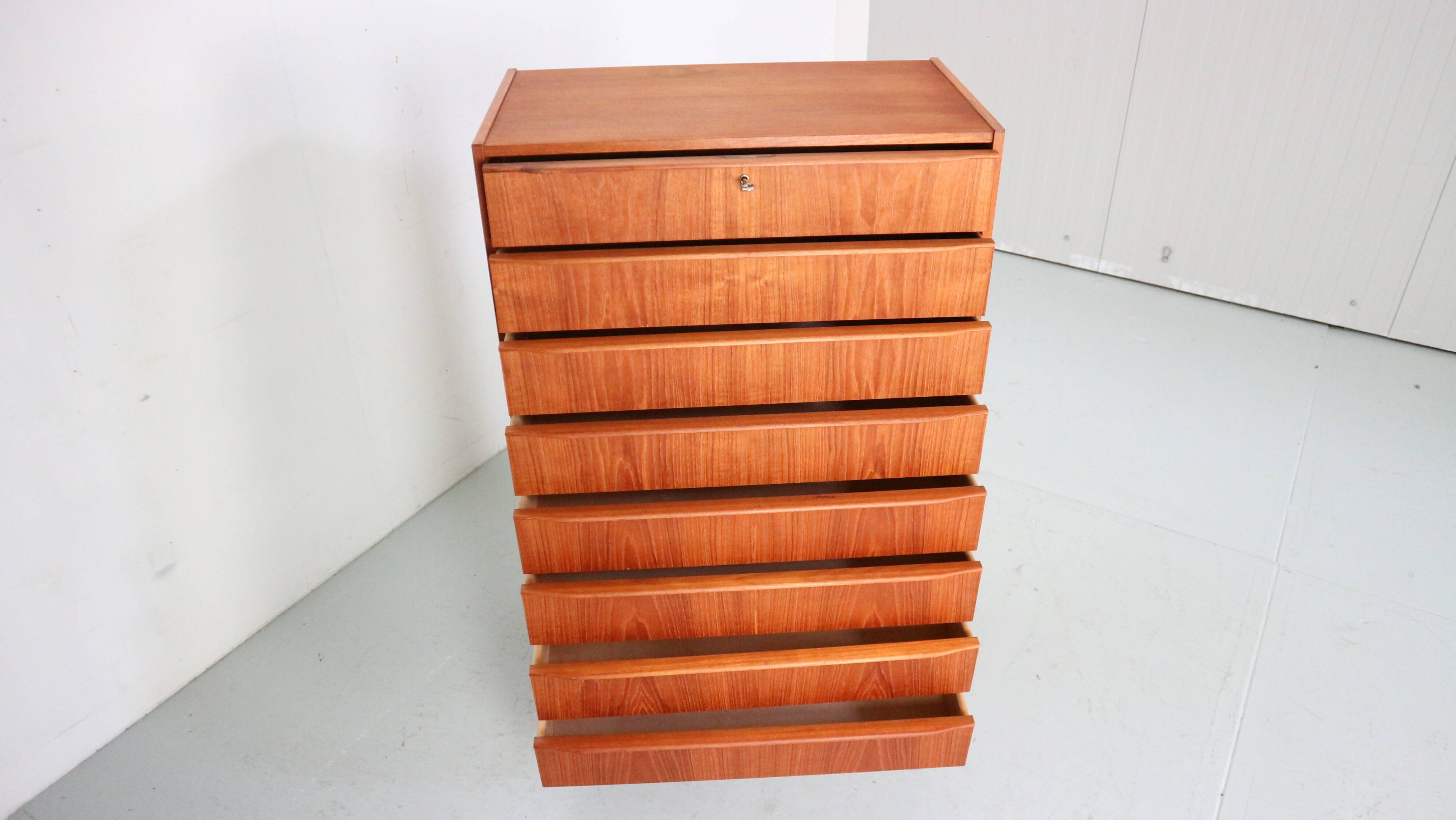 Mid-Century Modern Danish Chest of Eight Drawers, Tallboy in Teak, Denmark, 1960