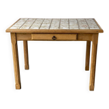 Vintage farmhouse dining table solid wood ceramic tiles 105cm renovated