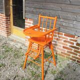 Ancienne Chaise Haute Pour Bébé en Bois Peint Orange