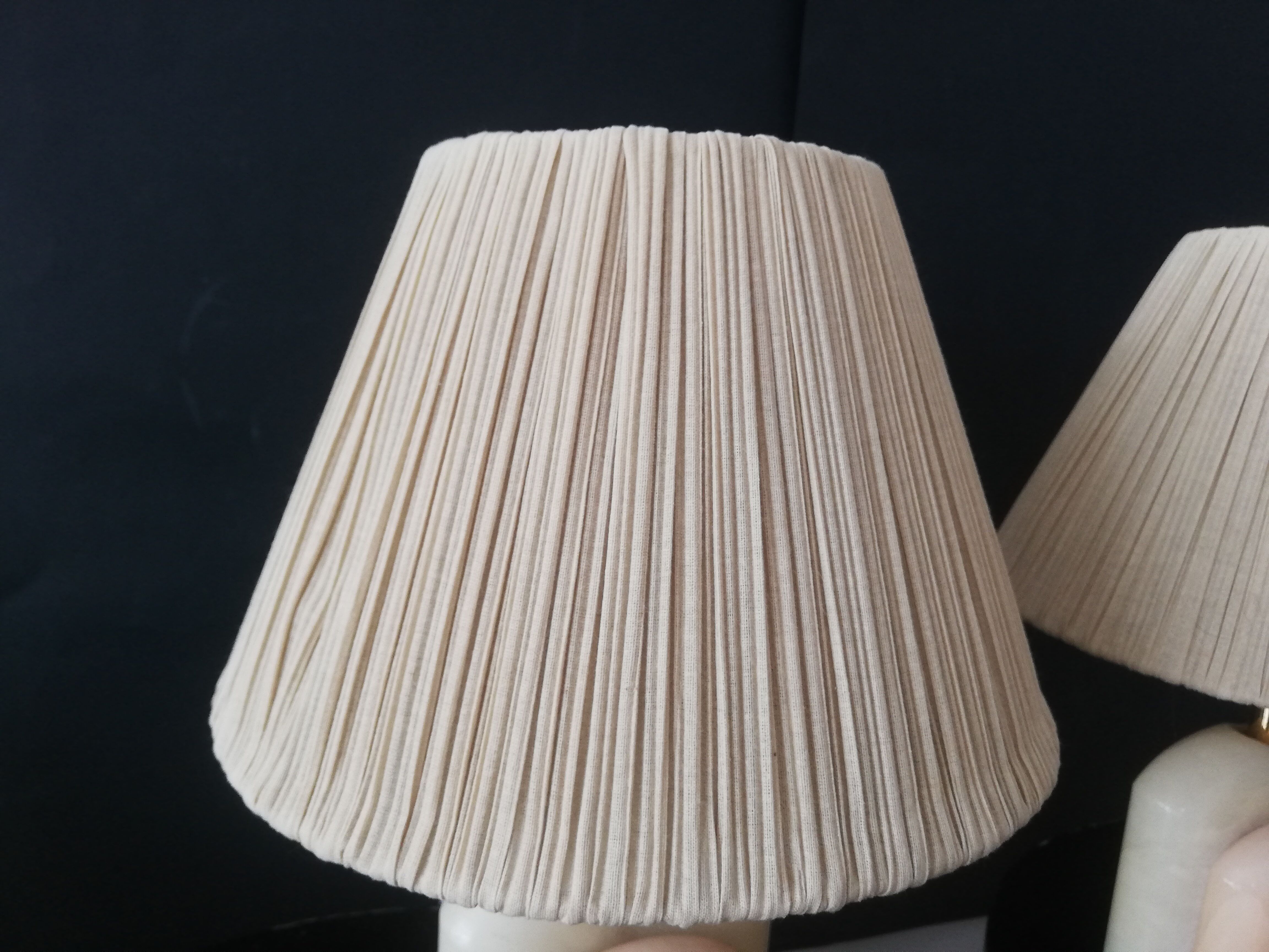 Pair of Art Deco marble alabaster pleated shade table lamps vintage
