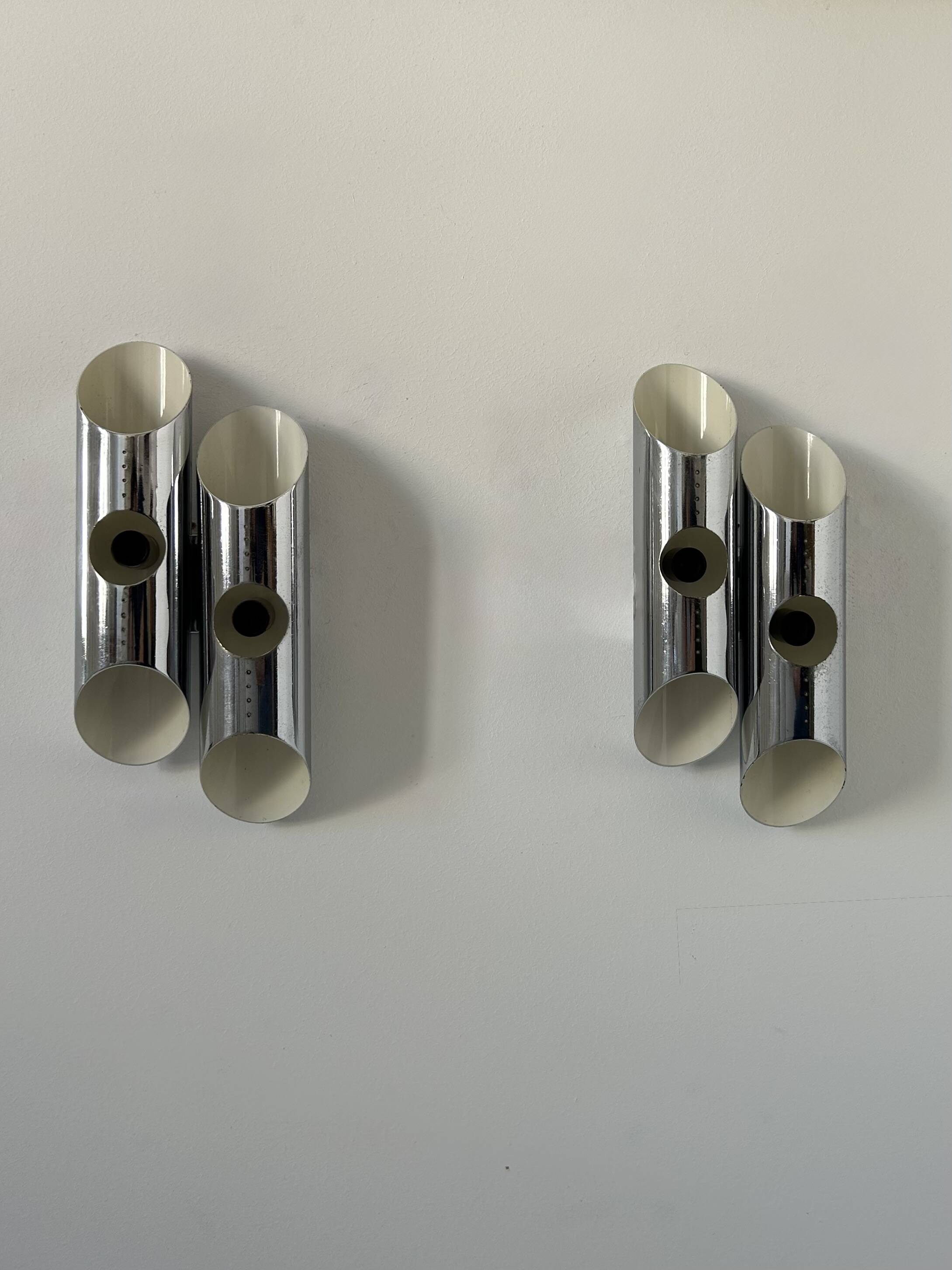 Pair of double wall lights, chrome metal, France, 1960