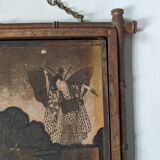 Antique Asian decorative triptych mirror with chain wall decoration in wood.