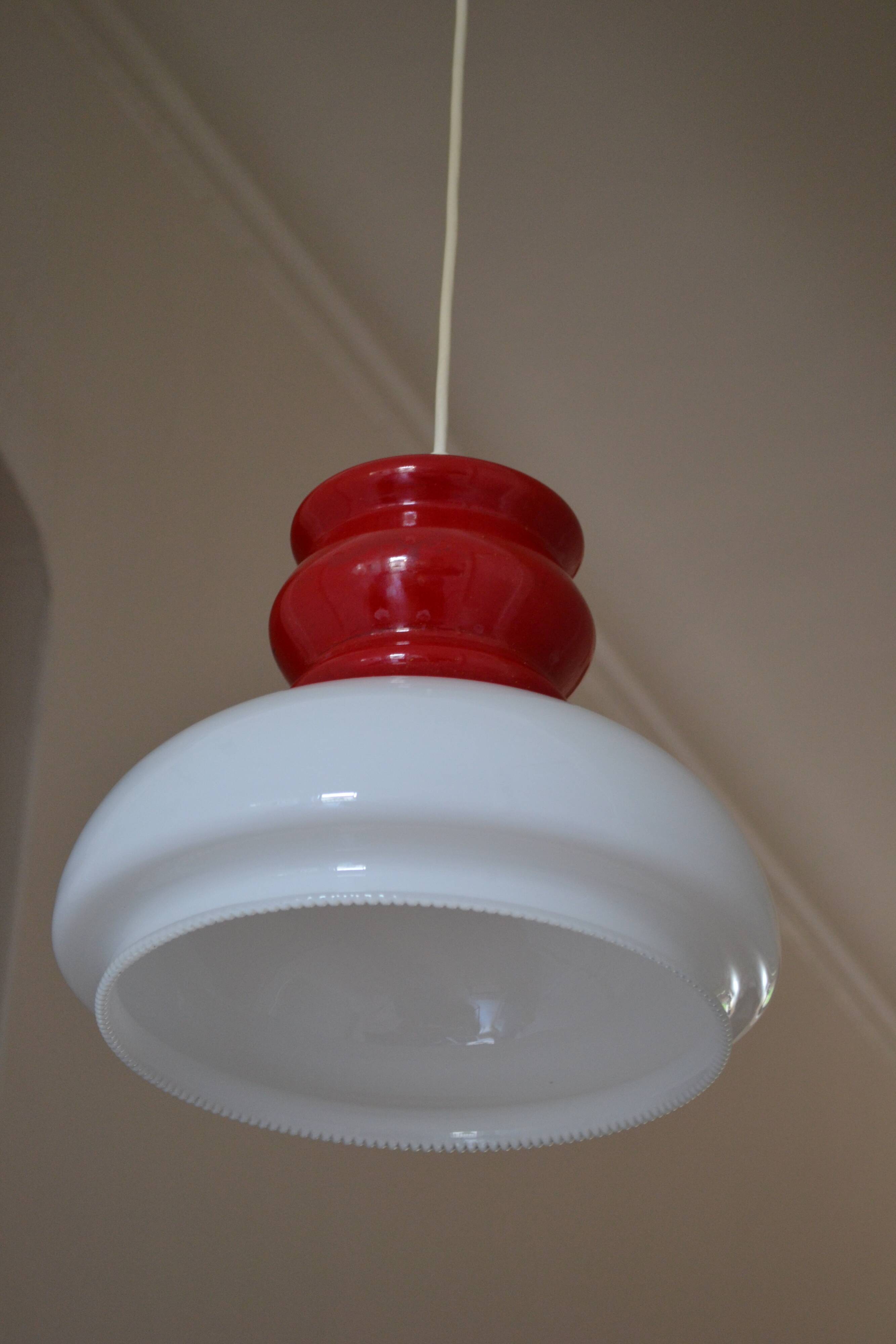 White and red opaline glass chandelier vintage 1970 space age