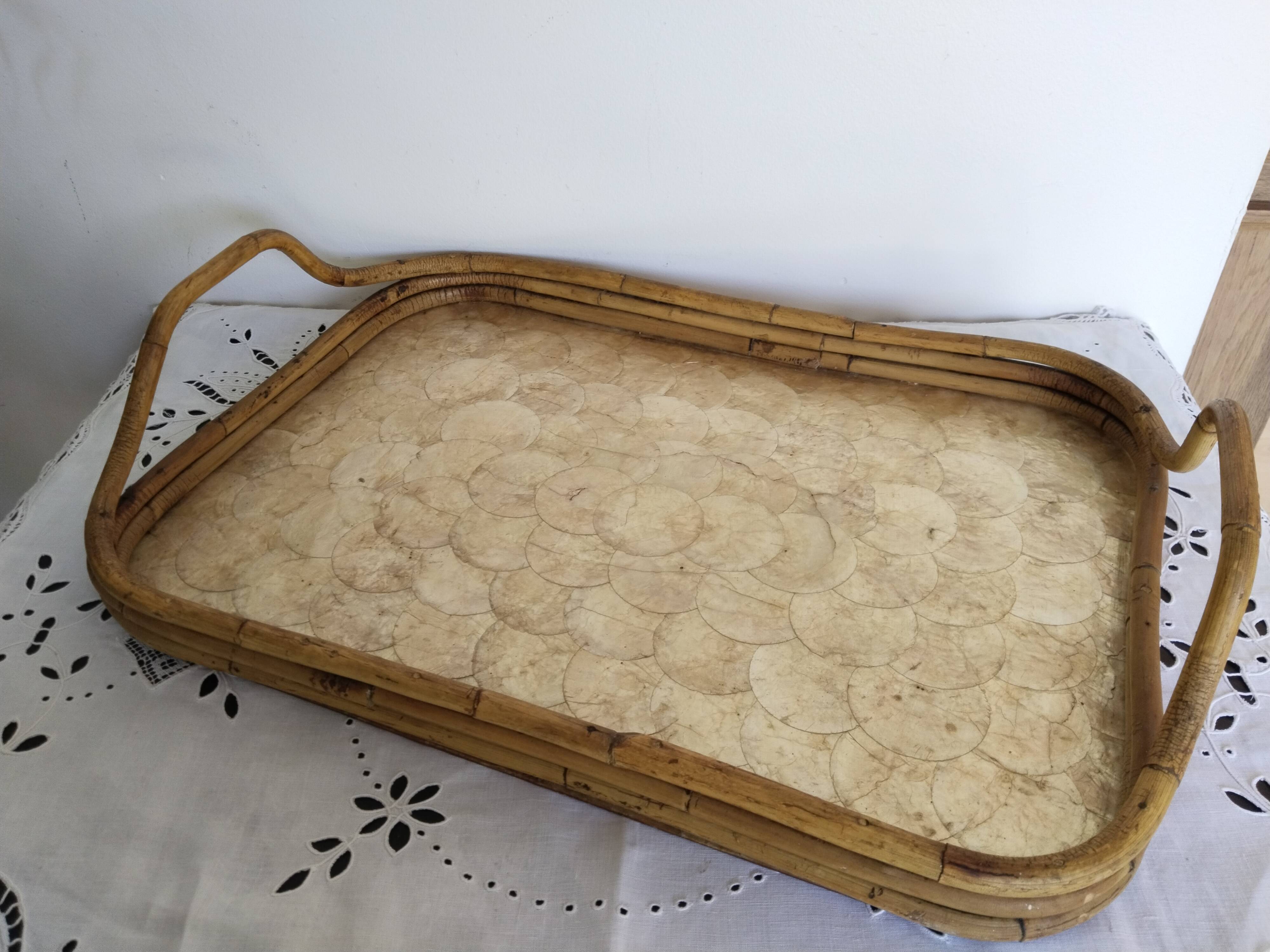 Rattan and mother-of-pearl serving tray, Capiz shell
