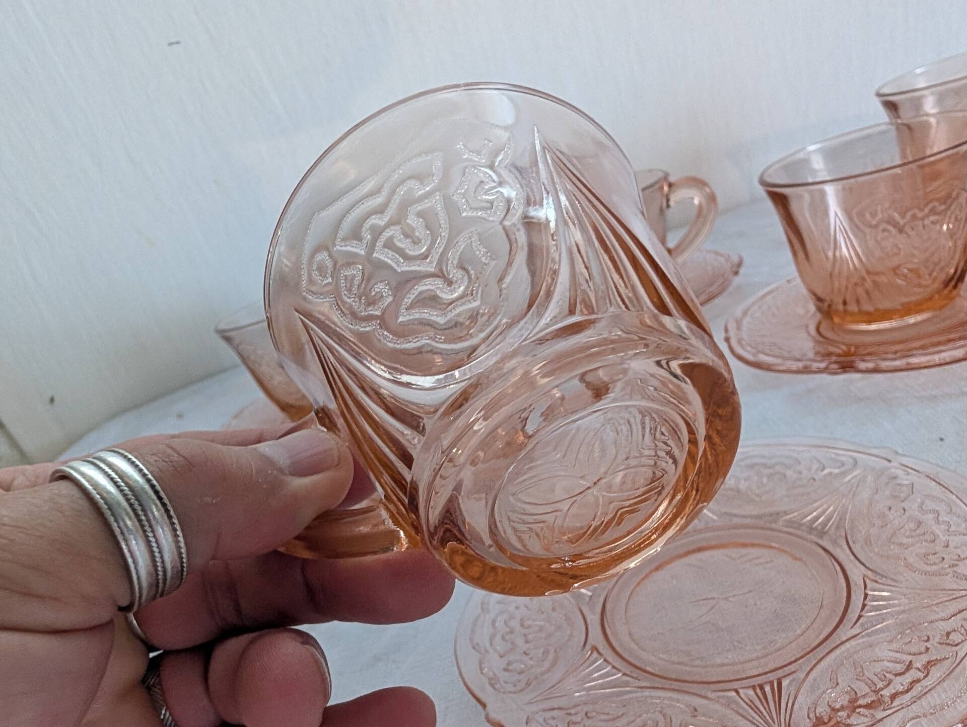 Art Deco pink glass coffee service from the 1930s.