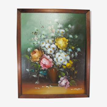 Oil painting still life vase bouquet of flowers signed