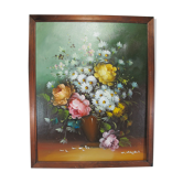 Tableau peinture à l'huile nature morte vase bouquet de fleurs signé