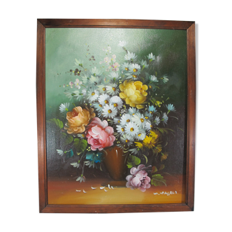 Tableau peinture à l'huile nature morte vase bouquet de fleurs signé