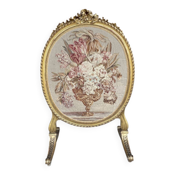 Écran en bois doré et tapisserie florale Napoléon III