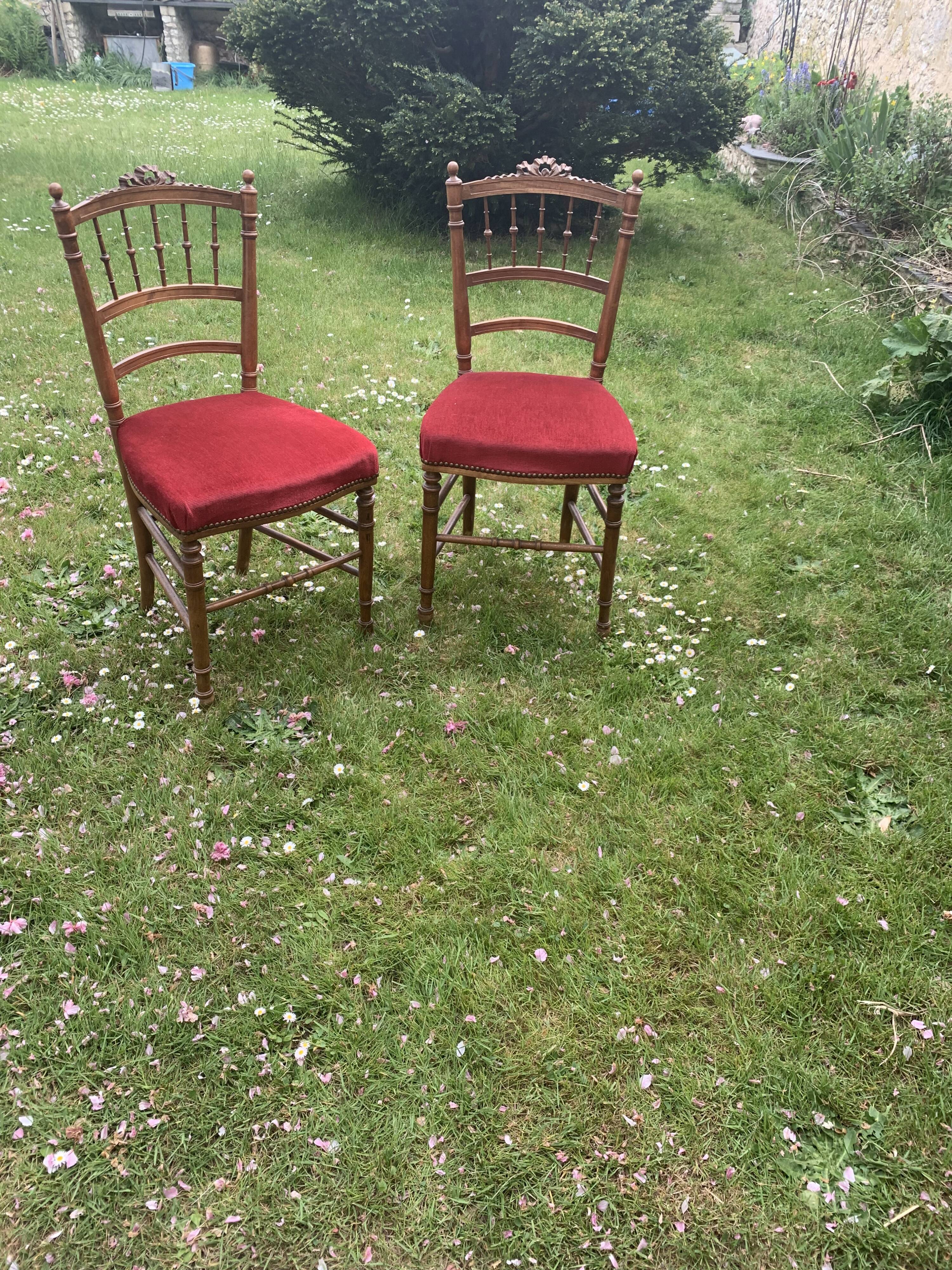 Pair of Napoleon III chairs in wood and red velvet