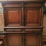 Antique two-part cabinet in solid wood, molded and carved