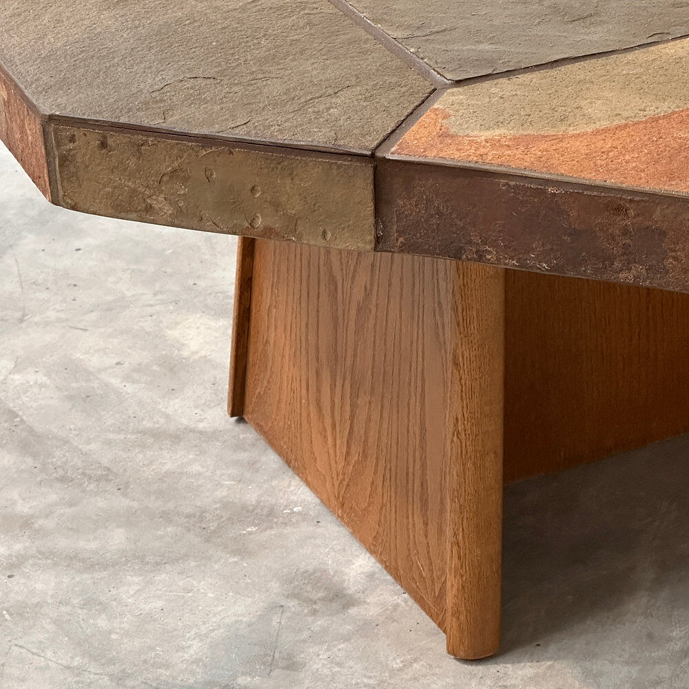 Large vintage slate mosaic coffee table, oak pedestal base, brutalist octagonal