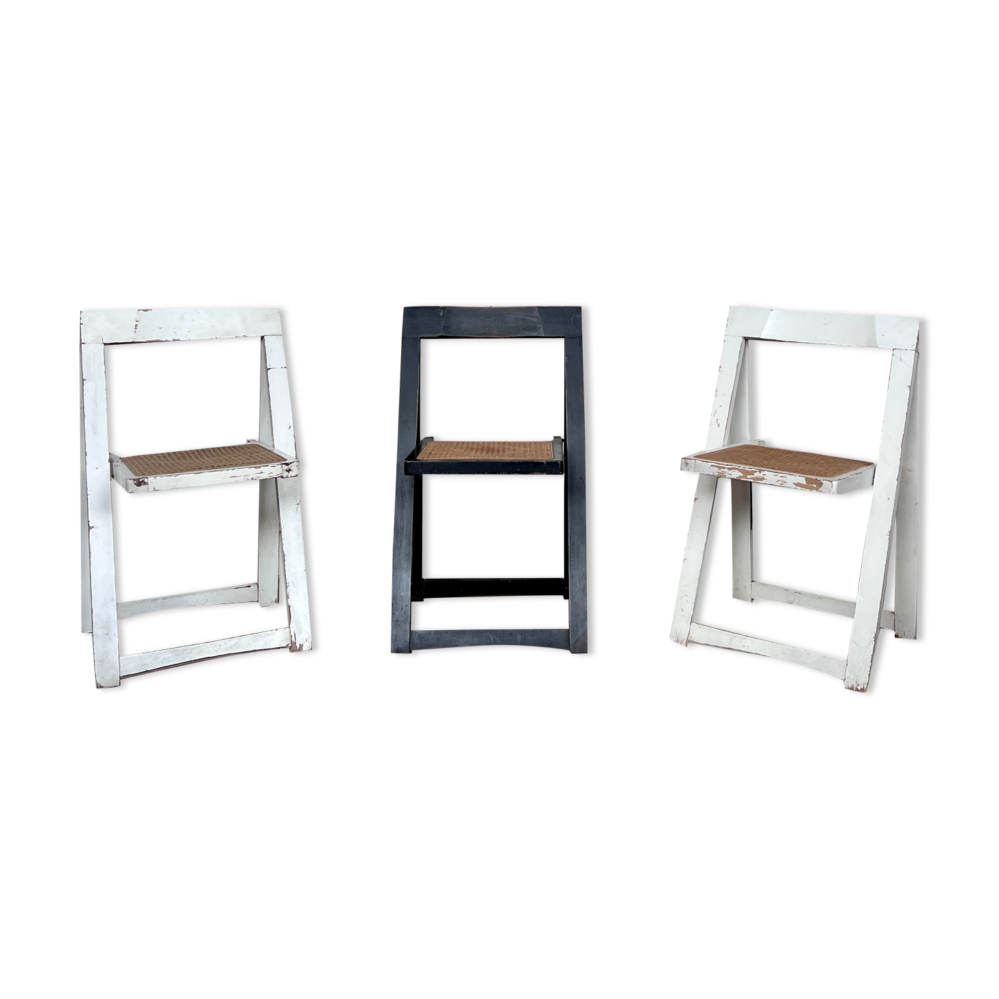 Trio of vintage folding chairs with canning and solid wood