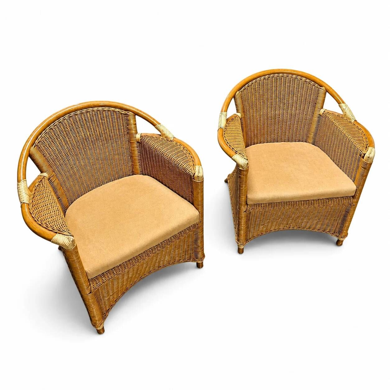 2 x wicker and bamboo patio chair / 1980s / faux suede / alcantara
