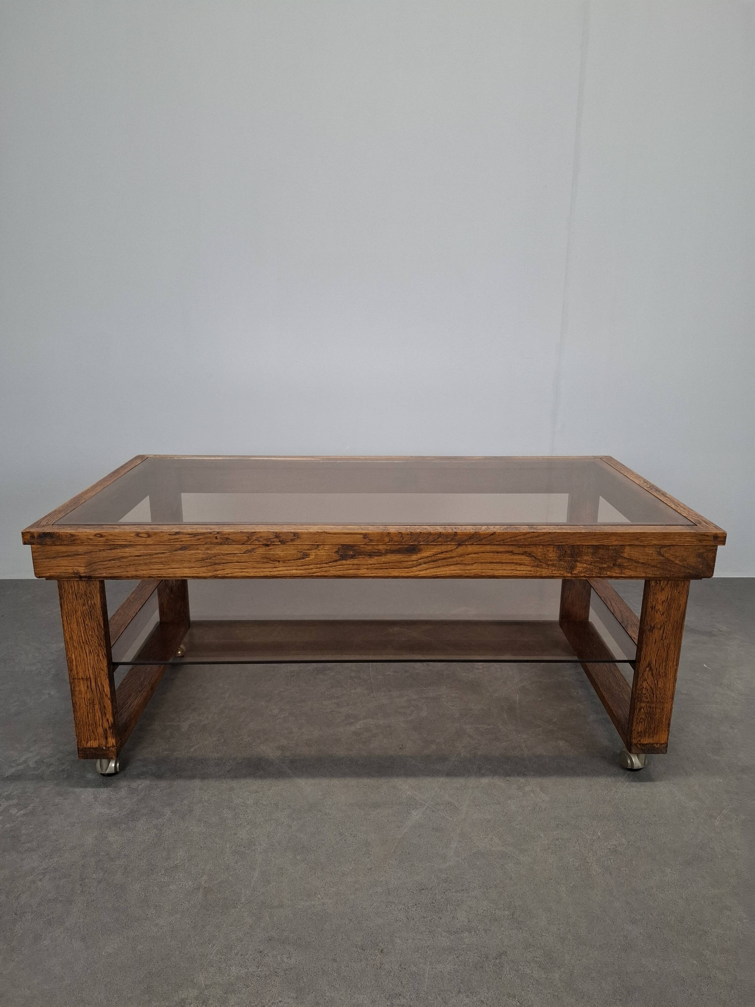 Mid-Century Smoked Glass and Wood Coffee Table on Wheels, Czechoslovakia