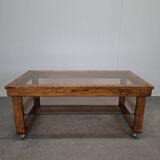 Mid-Century Smoked Glass and Wood Coffee Table on Wheels, Czechoslovakia