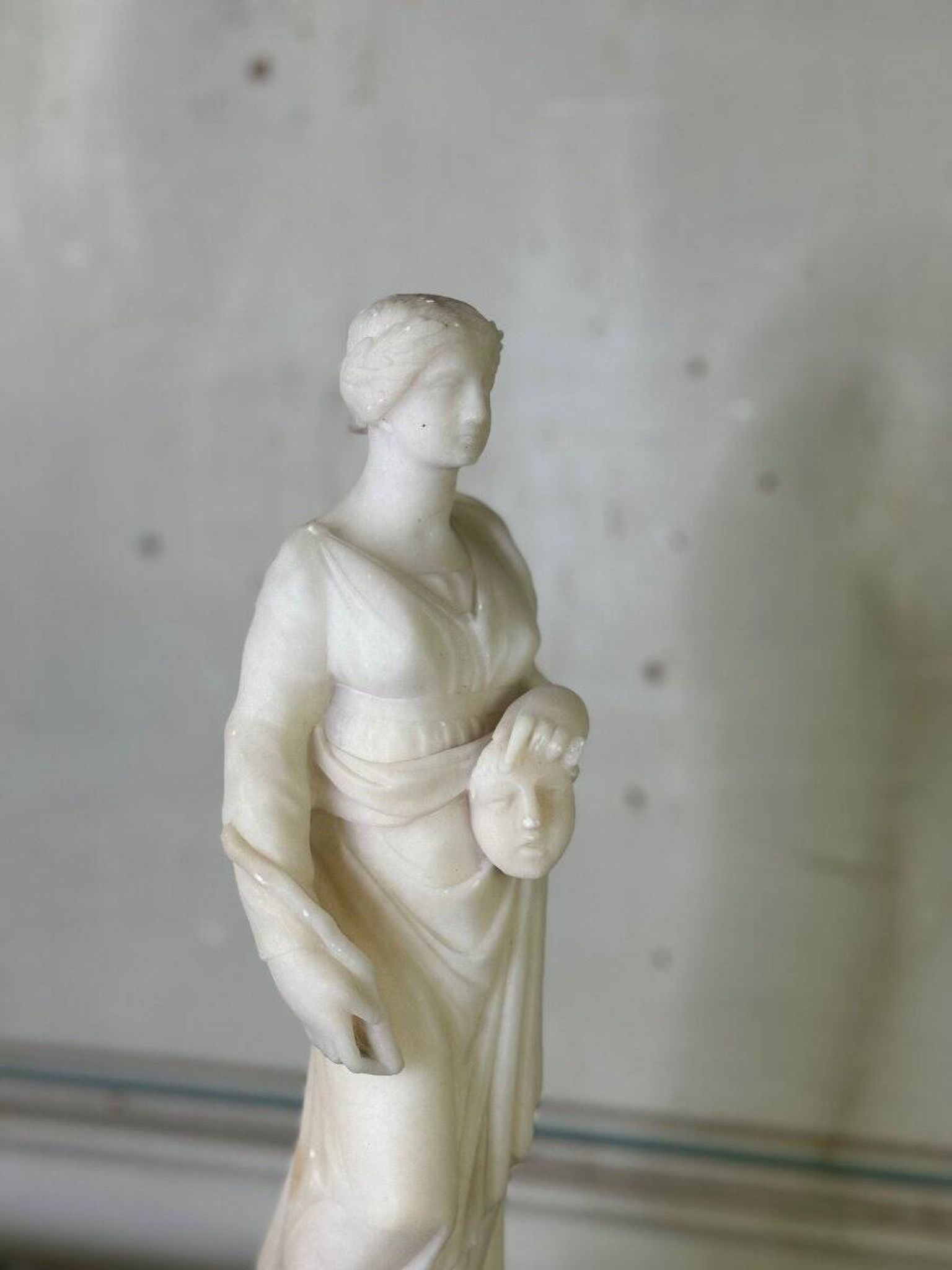 Alabaster sculpture, lady with a mask in the antique style, 19th century