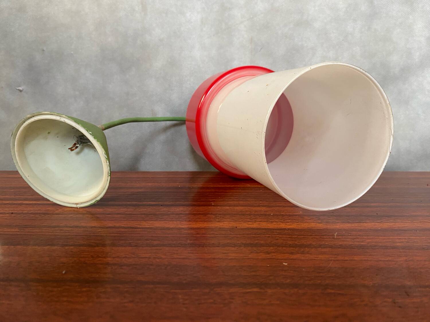 Old Opaline Pendant Light White & Red 70s Vintage