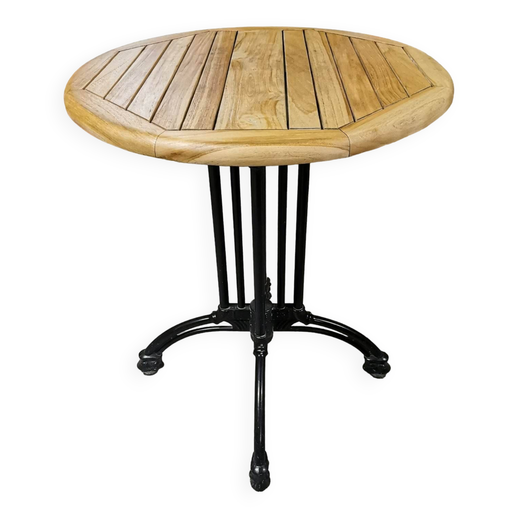 Table ronde plateau bois, pied en fer | Selency