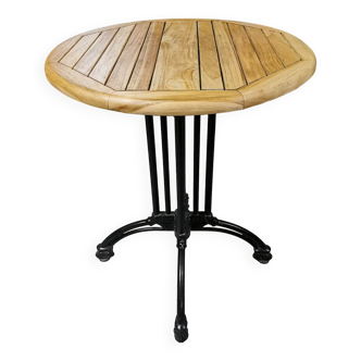 Round table with wooden top, iron base