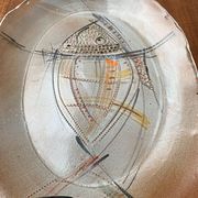 Large German ceramic plate with fish from the mid-century.