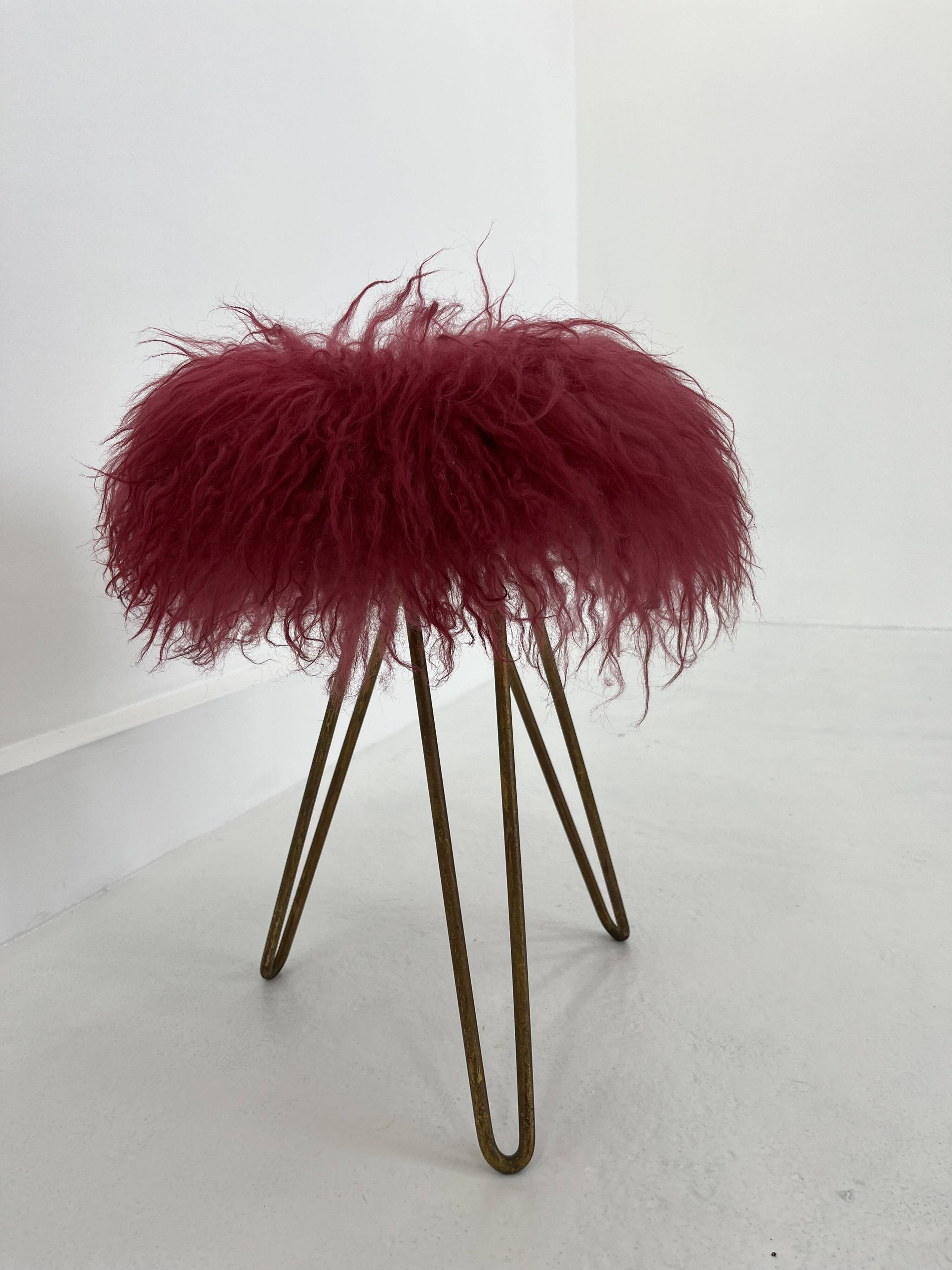 Midcentury Modern Red Flokati Stool, 1950