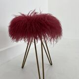 Midcentury Modern Red Flokati Stool, 1950