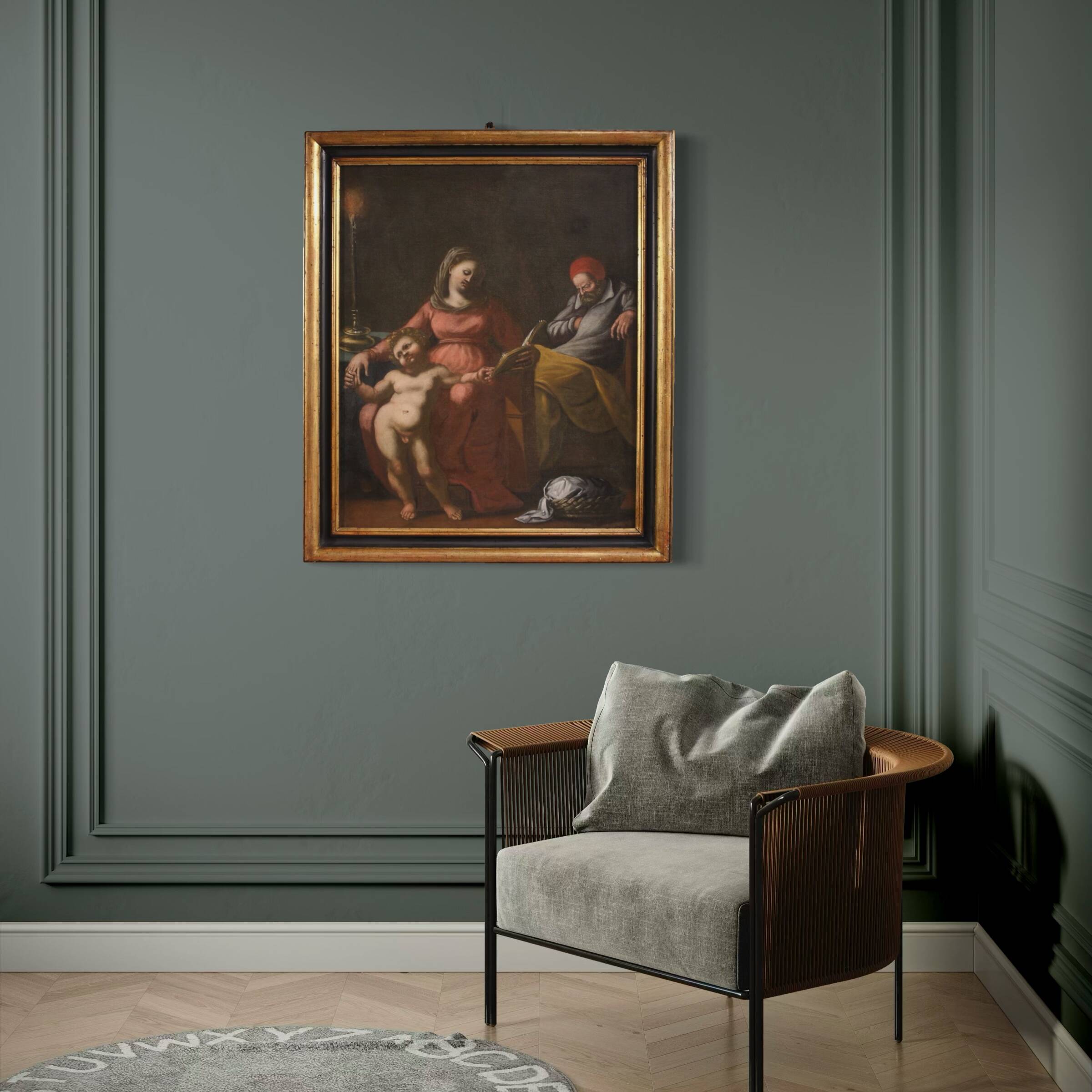 Peinture italienne antique du 17ème siècle, Sainte Famille.