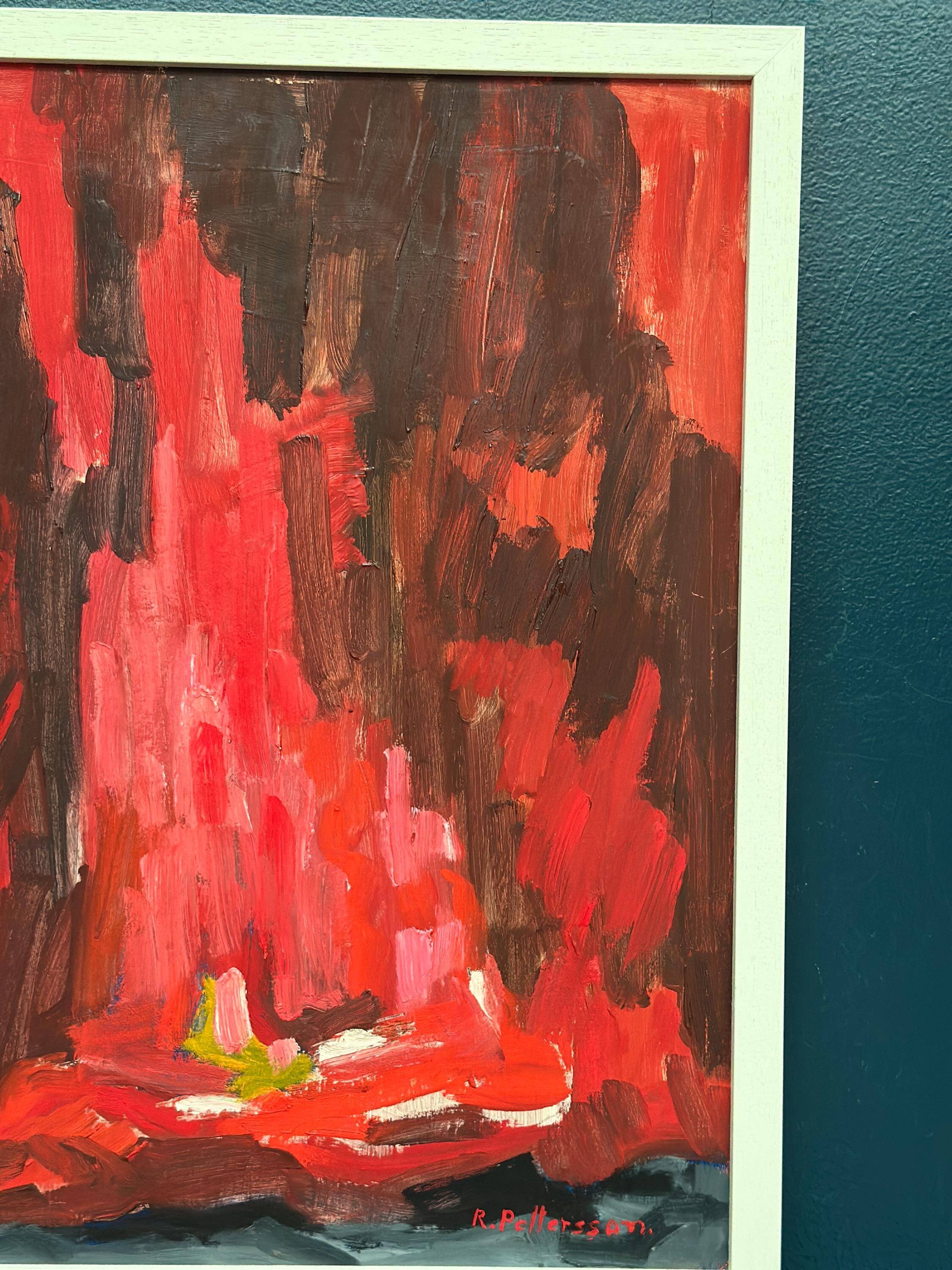 Swedish Oil on Panel – “Abstract Composition in Red” by Rune Pettersson