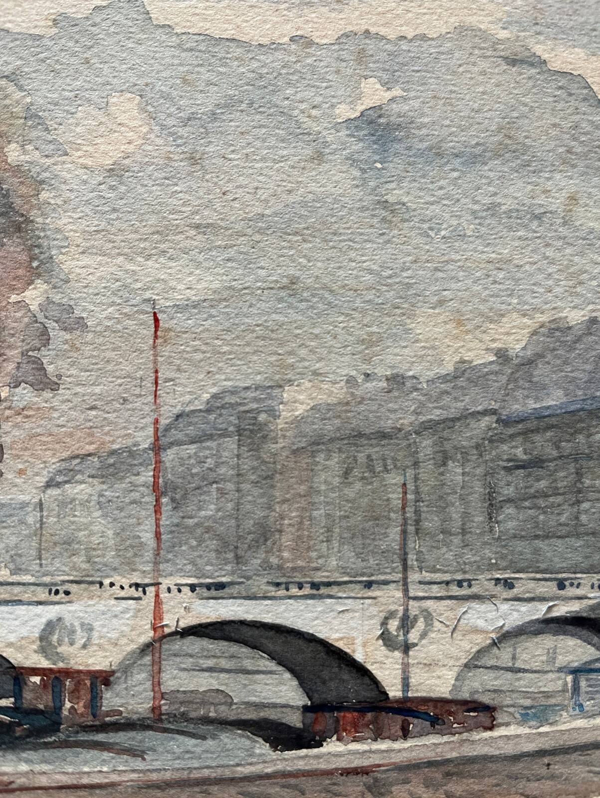 Watercolour painting early 20th century Paris Bridge Seine River signed J. M. Nicolle