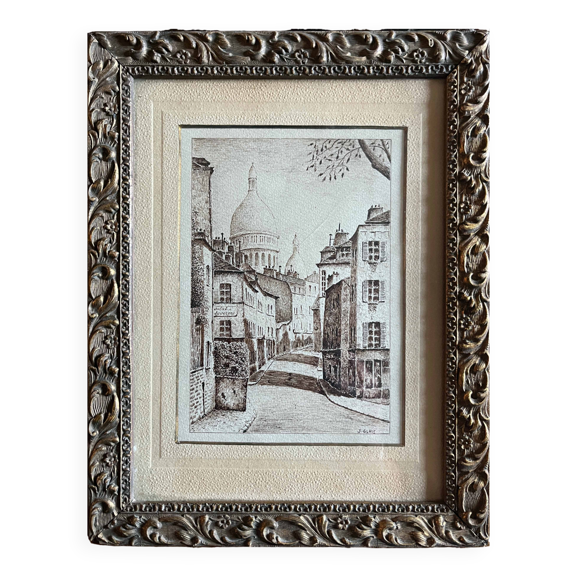 Tableau Lavis encre Paris Montmartre (rue Chevalier de la Barre) signé J. G