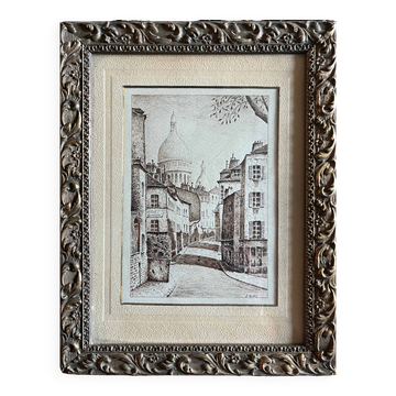 Ink wash painting Paris Montmartre (Chevalier de la Barre Street) signed J. G.