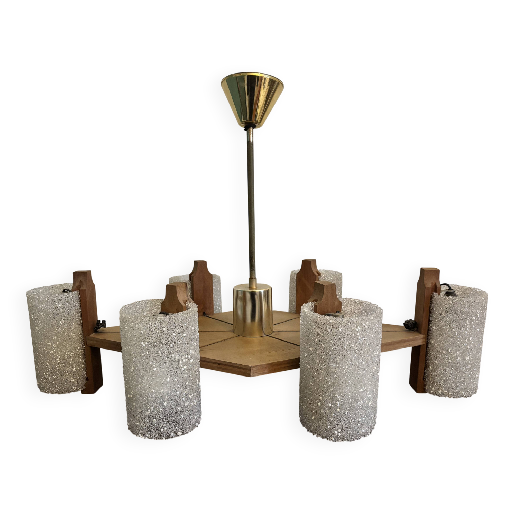 Vintage Scandinavian chandelier 6 lights – Wood and frosted Perspex – 1960s/70s