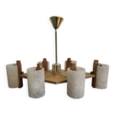 Vintage Scandinavian chandelier 6 lights – Wood and frosted Perspex – 1960s/70s