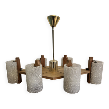 Lustre vintage scandinave 6 feux – Bois et Perspex granité – Années 60/70