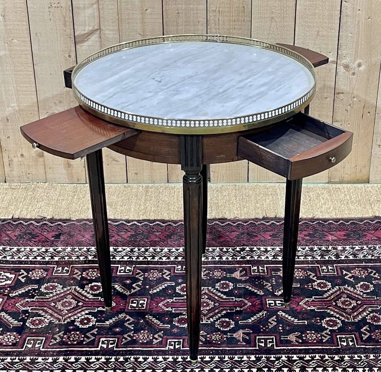 Louis XVI style mahogany bouillotte table from the 1950s with a marble top