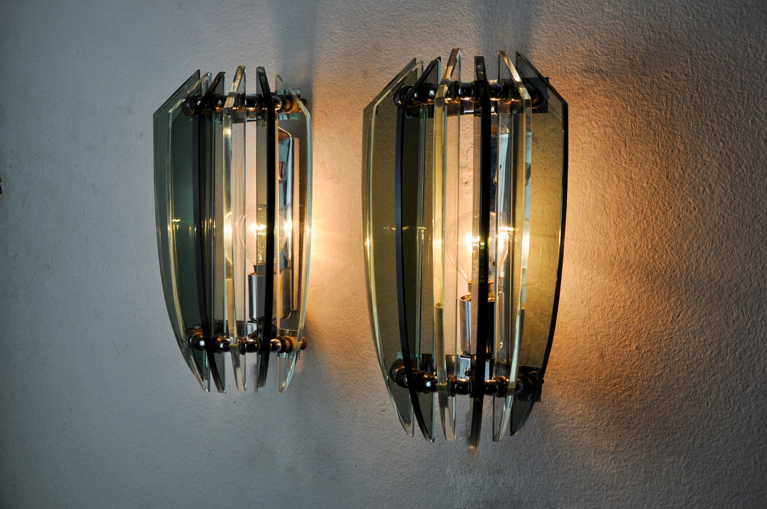 Pair of veca bicolor wall lamps, green murano glass, italy 1970